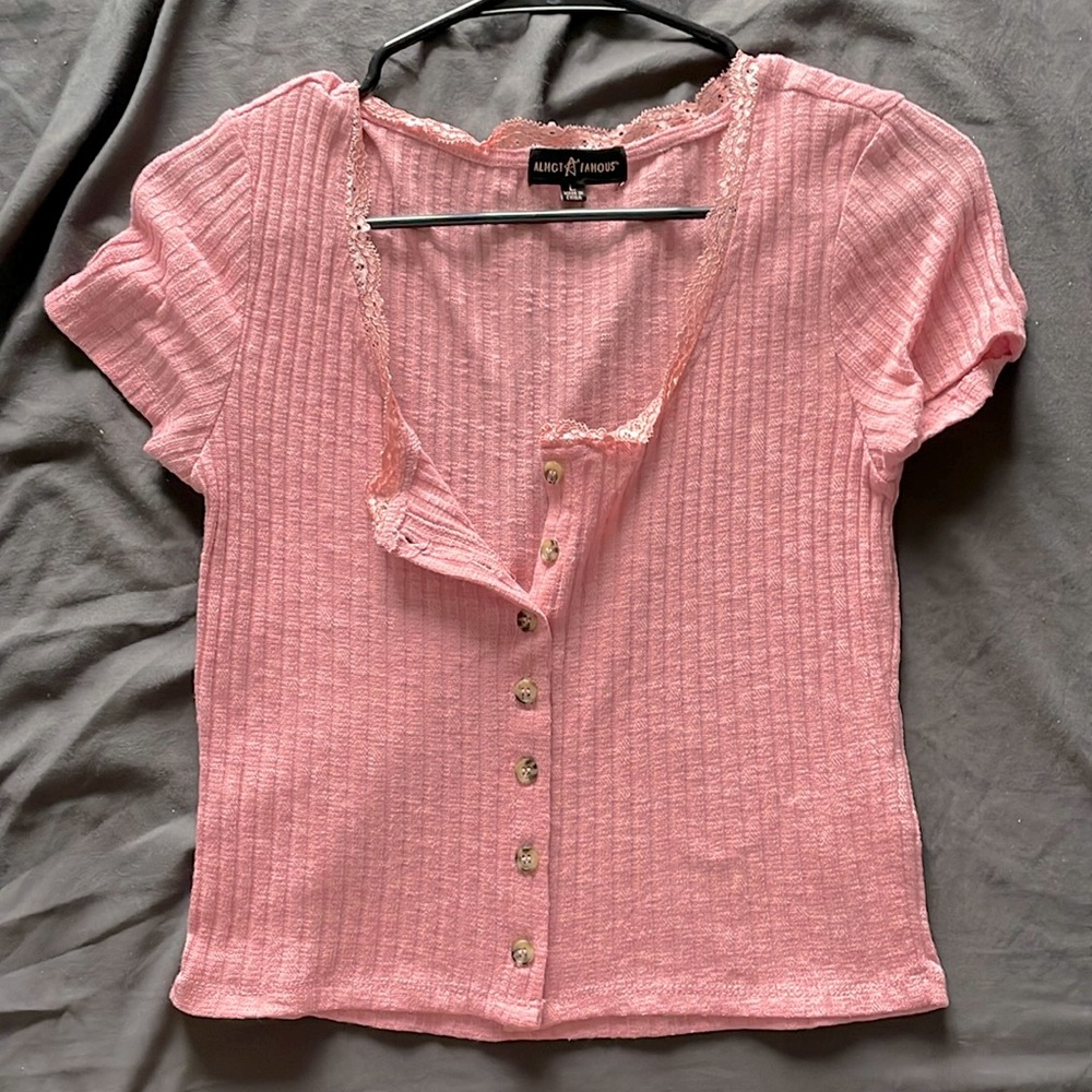 Pink scoop neck/button up shirt